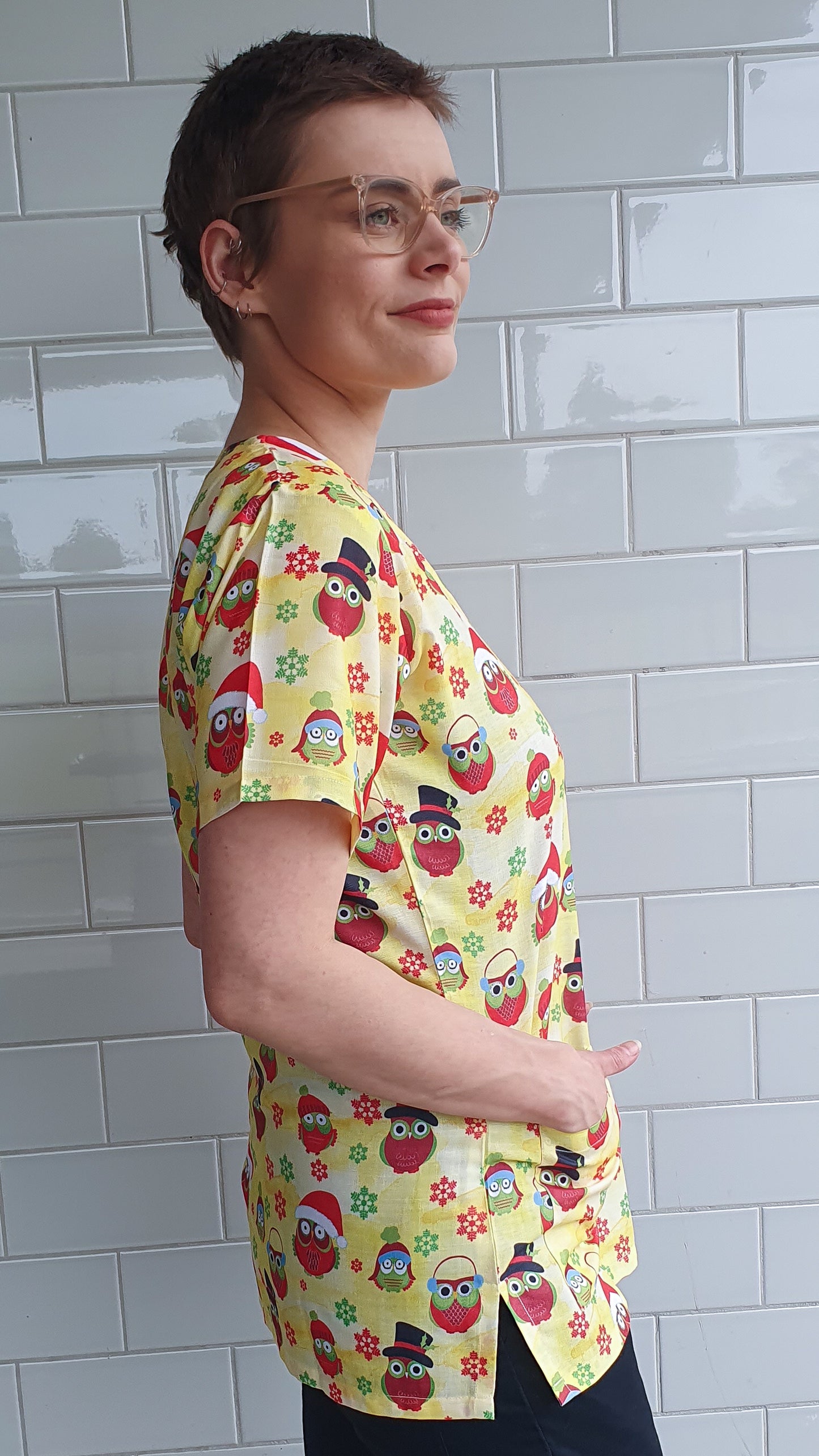 Owl Printed Christmas Scrub Top Australia