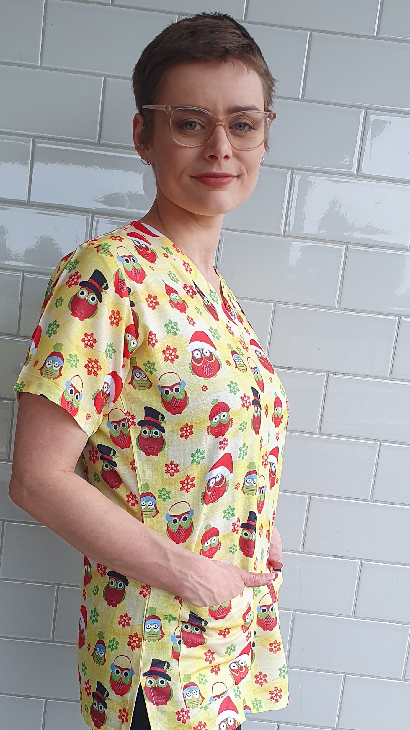 Owl Printed Christmas Scrub Top Australia