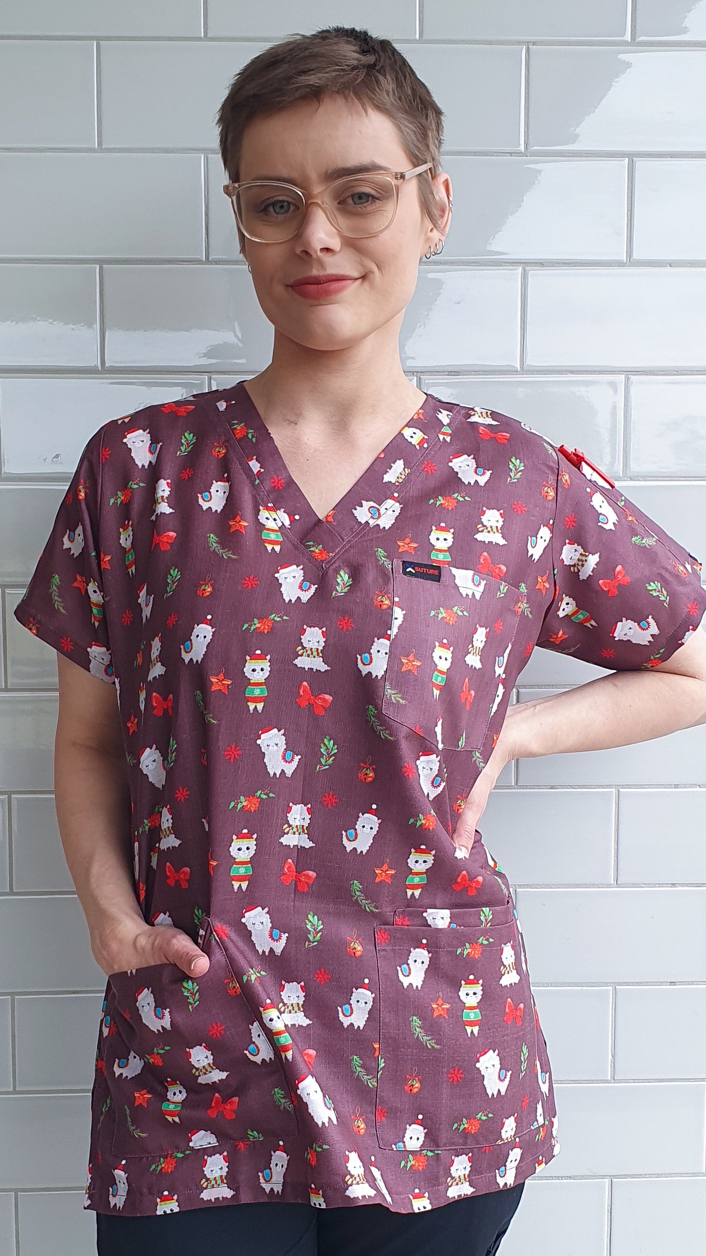 Llama Alpaca Printed Cute Fun Christmas Scrub Top Australia