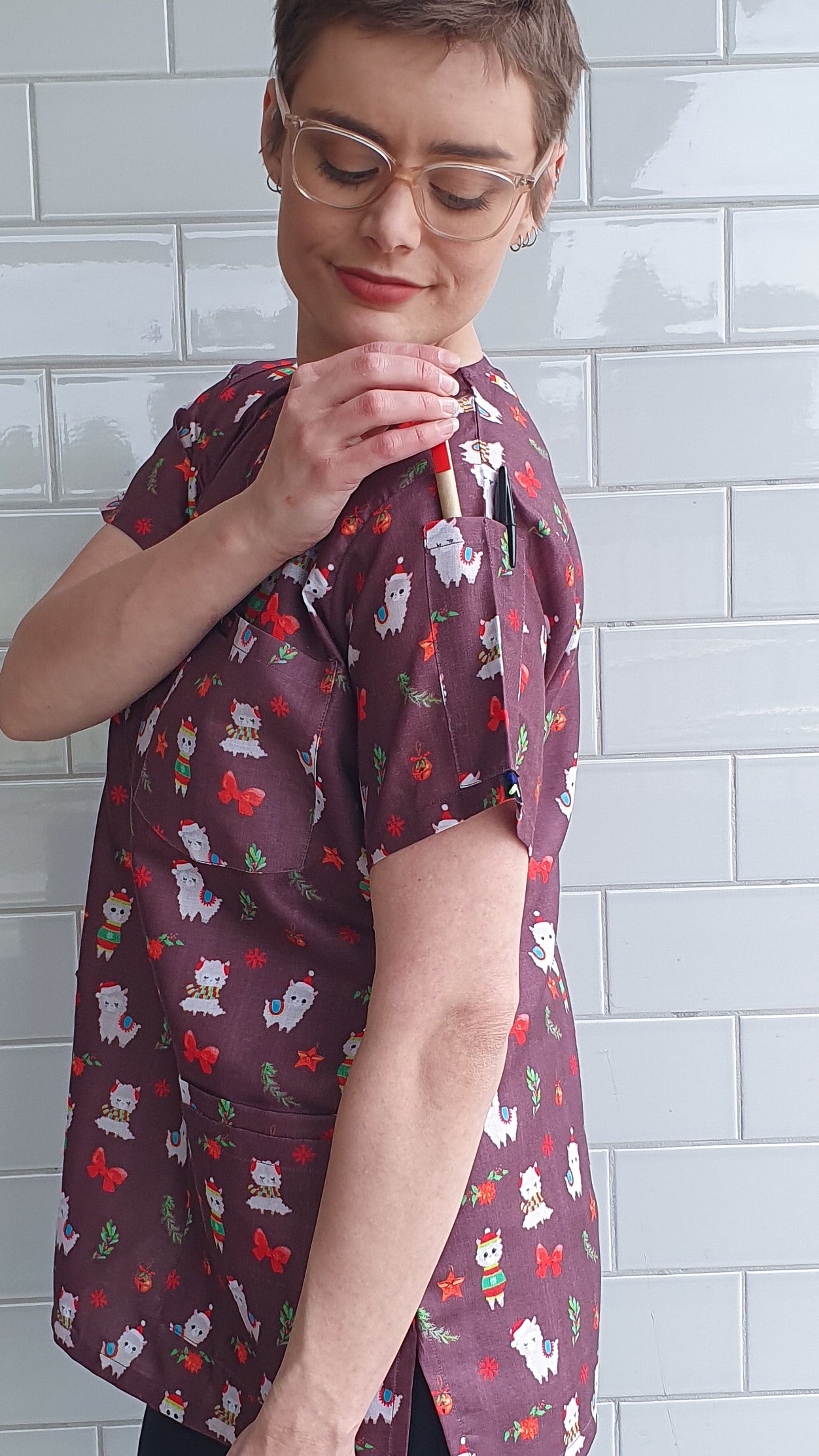 Llama Alpaca Printed Cute Fun Christmas Scrub Top Australia