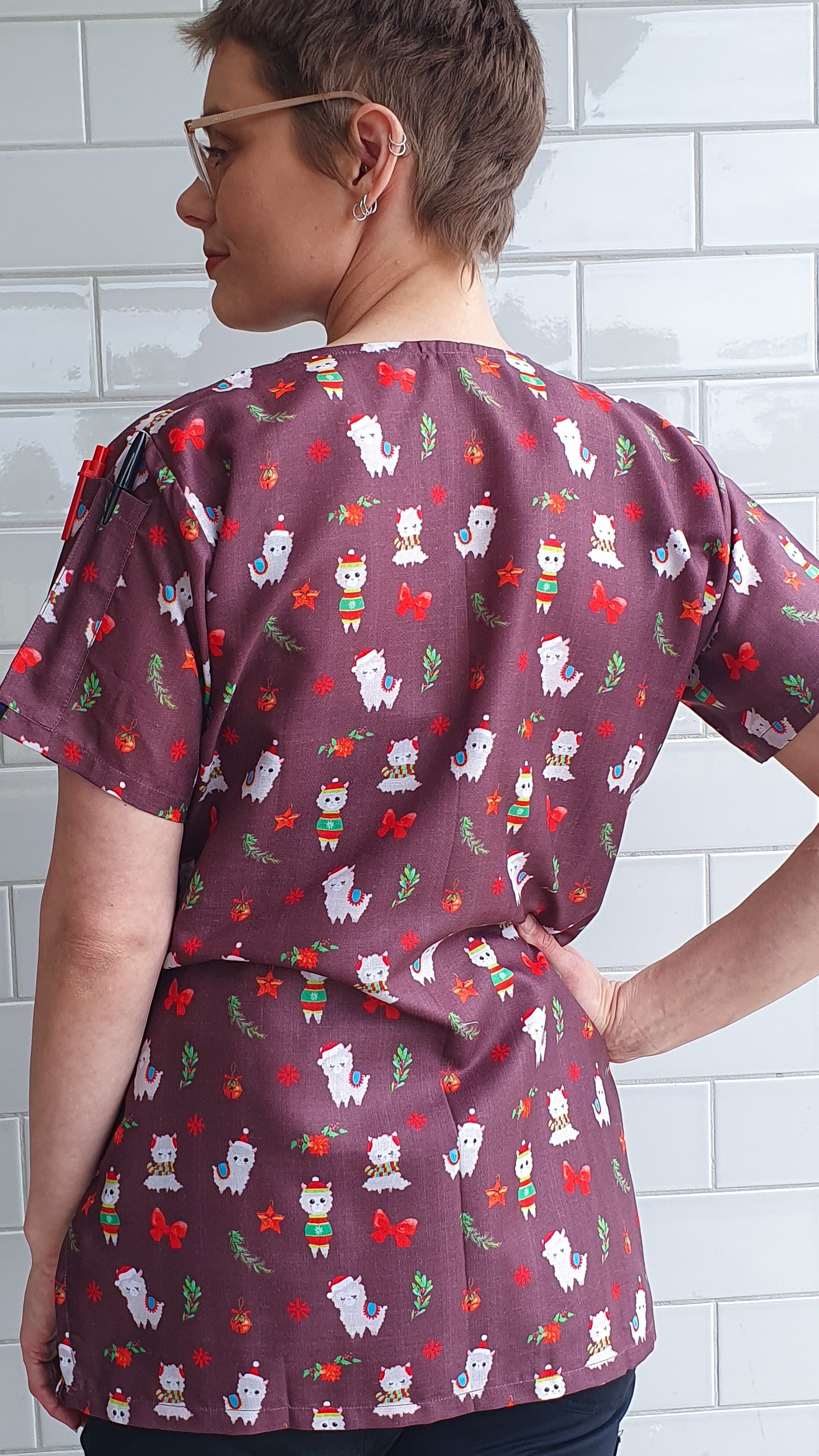 Llama Alpaca Printed Cute Fun Christmas Scrub Top Australia
