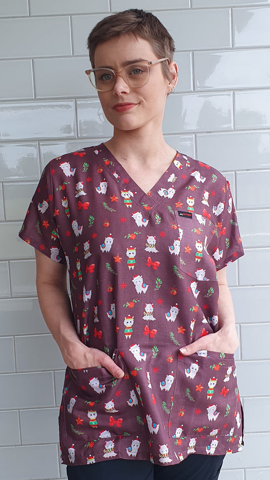 Llama Alpaca Printed Cute Fun Christmas Scrub Top Australia