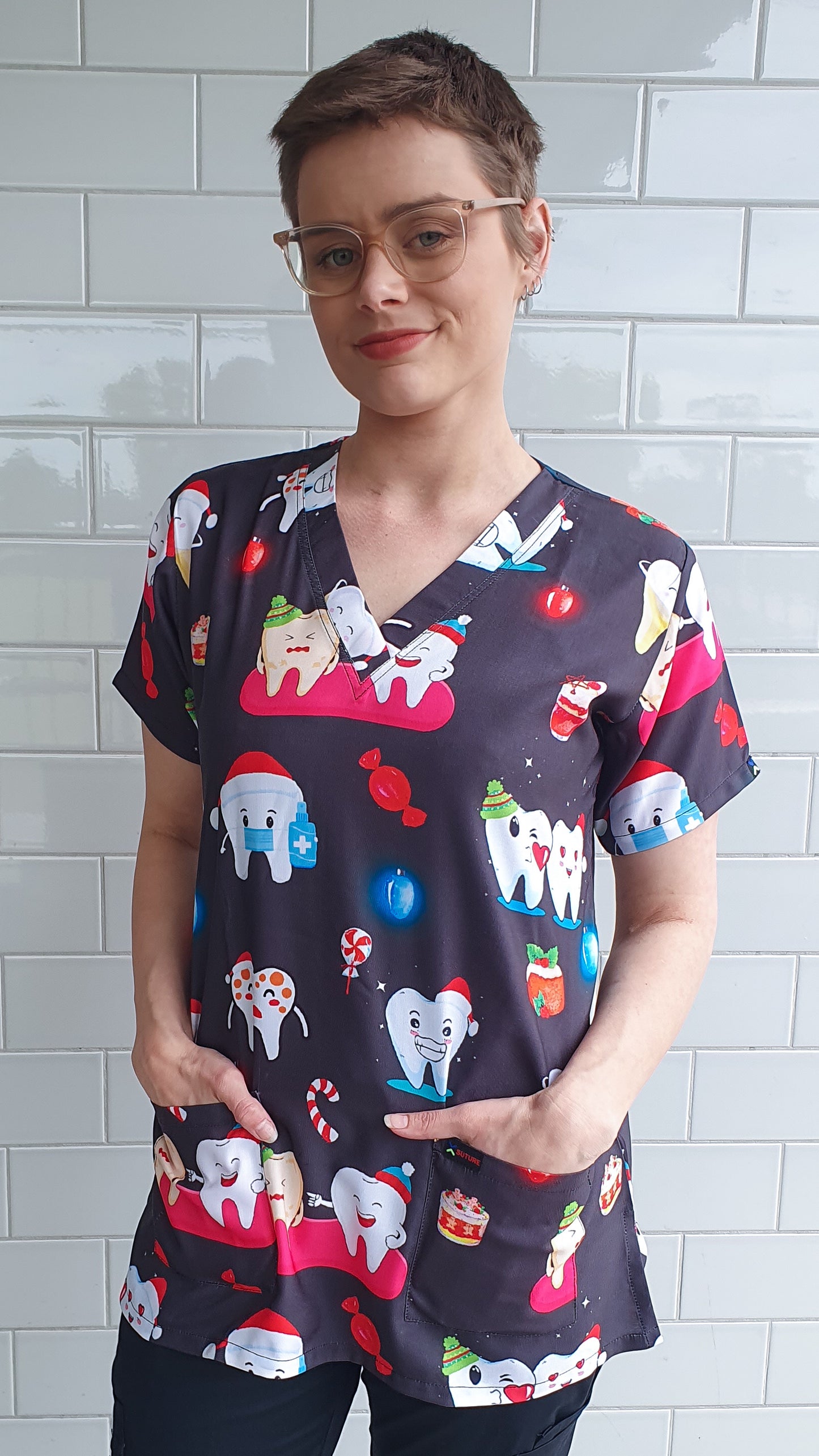 Glowing  Tooth Printed Christmas Scrub Top Australia Dentist Dental Hospital