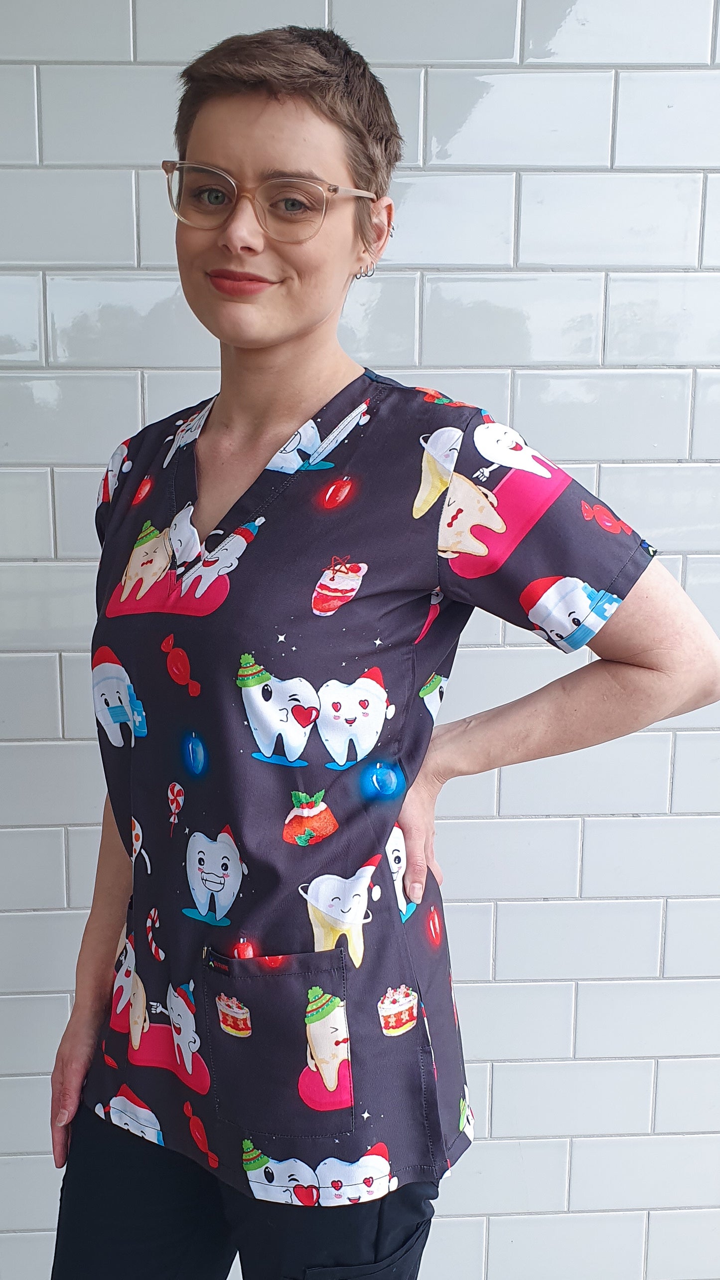Glowing  Tooth Printed Christmas Scrub Top Australia Dentist Dental Hospital