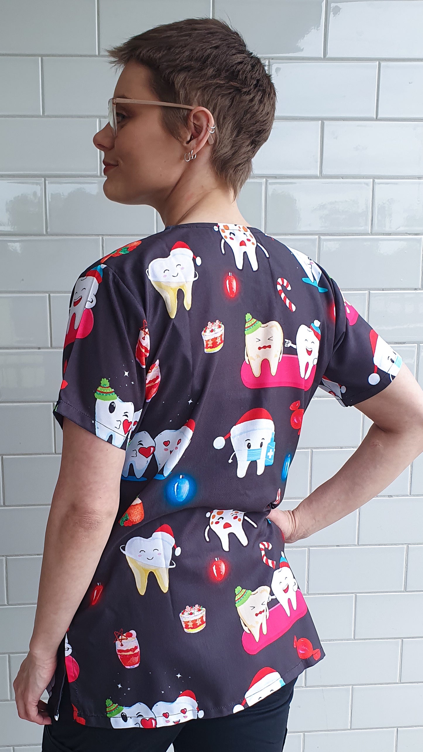 Glowing  Tooth Printed Christmas Scrub Top Australia Dentist Dental Hospital