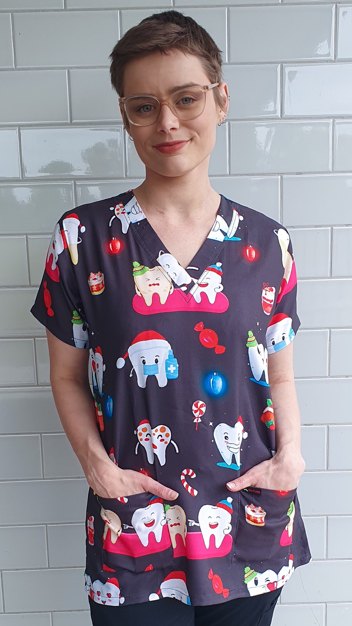 Glowing  Tooth Printed Christmas Scrub Top Australia Dentist Dental Hospital