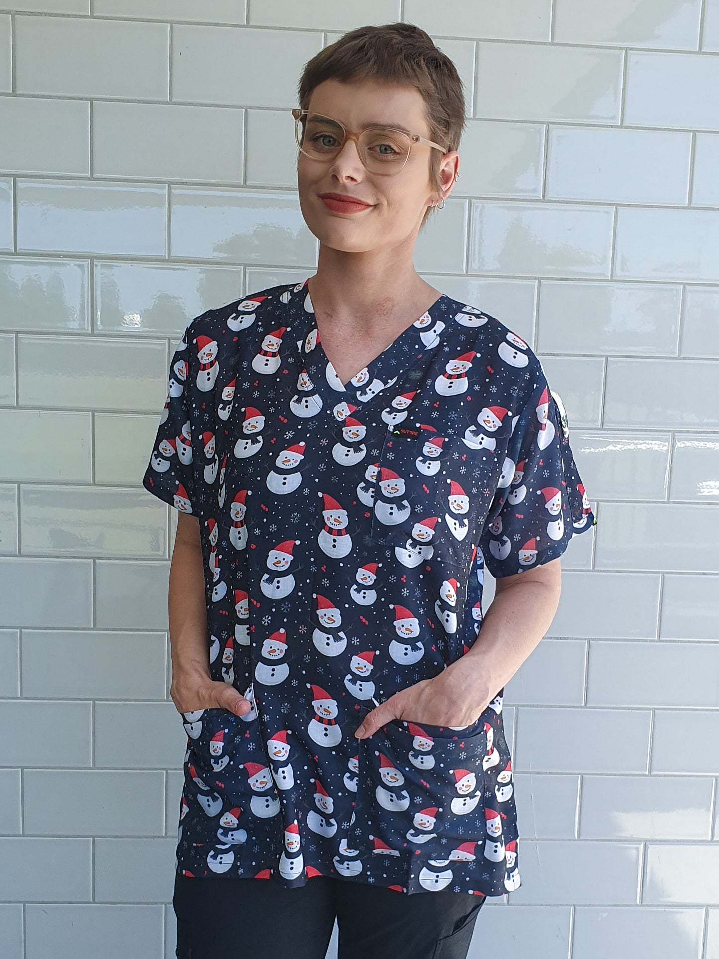 Snowman Black Christmas Printed Fun  Scrub Top Australia
