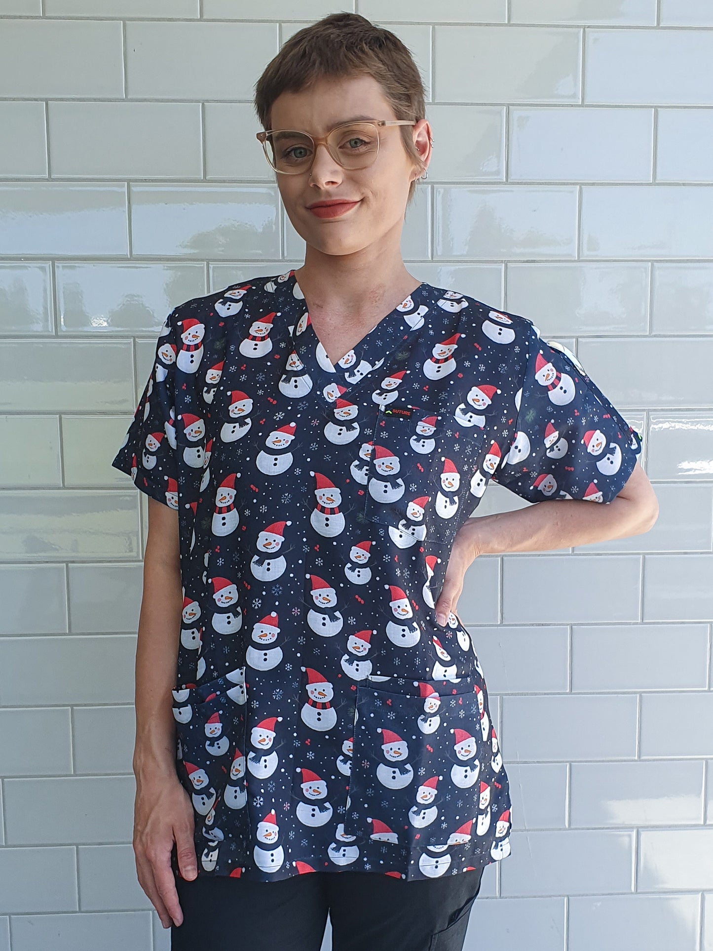 Snowman Black Christmas Printed Fun  Scrub Top Australia