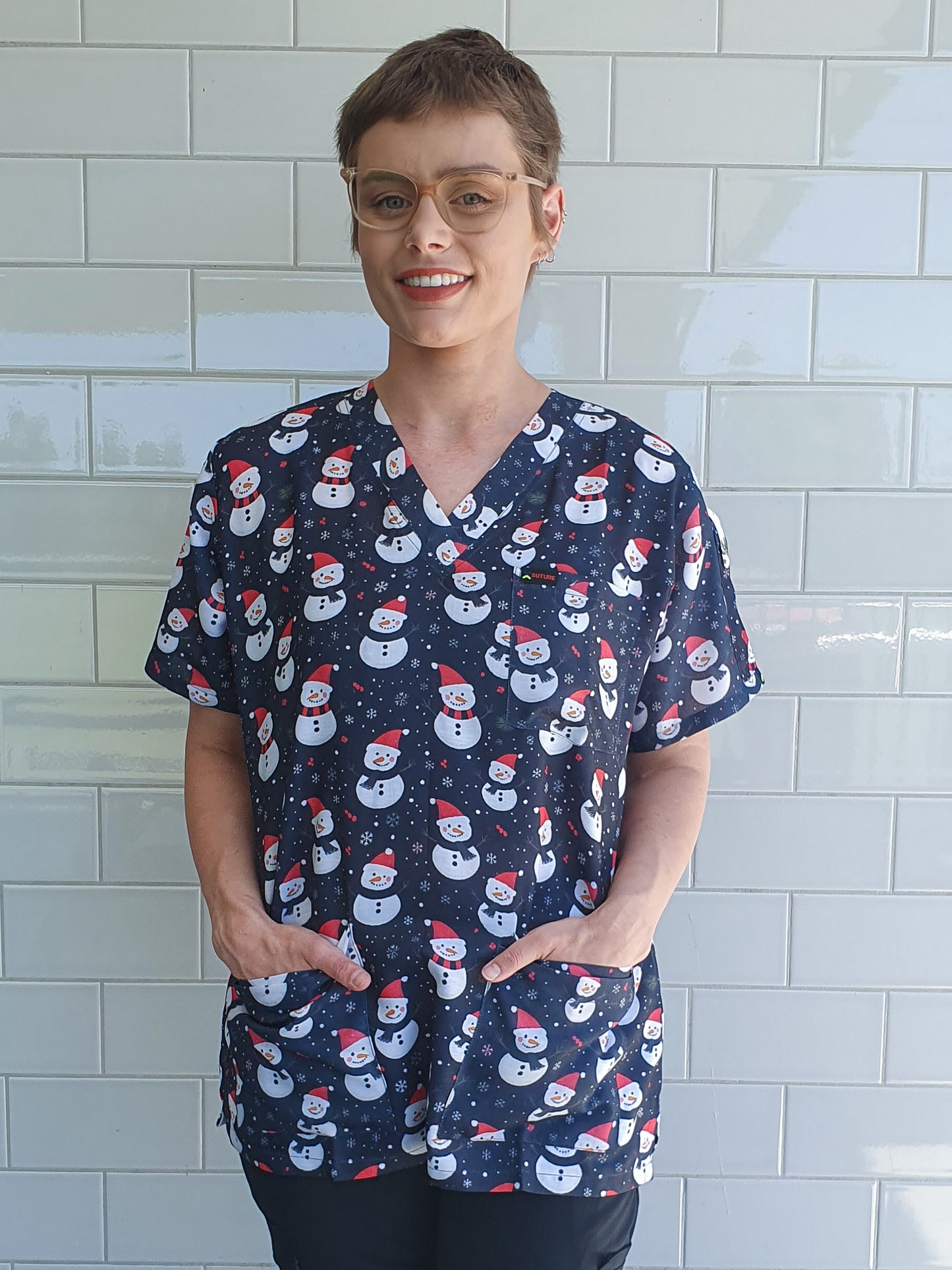Snowman Black Christmas Printed Fun  Scrub Top Australia