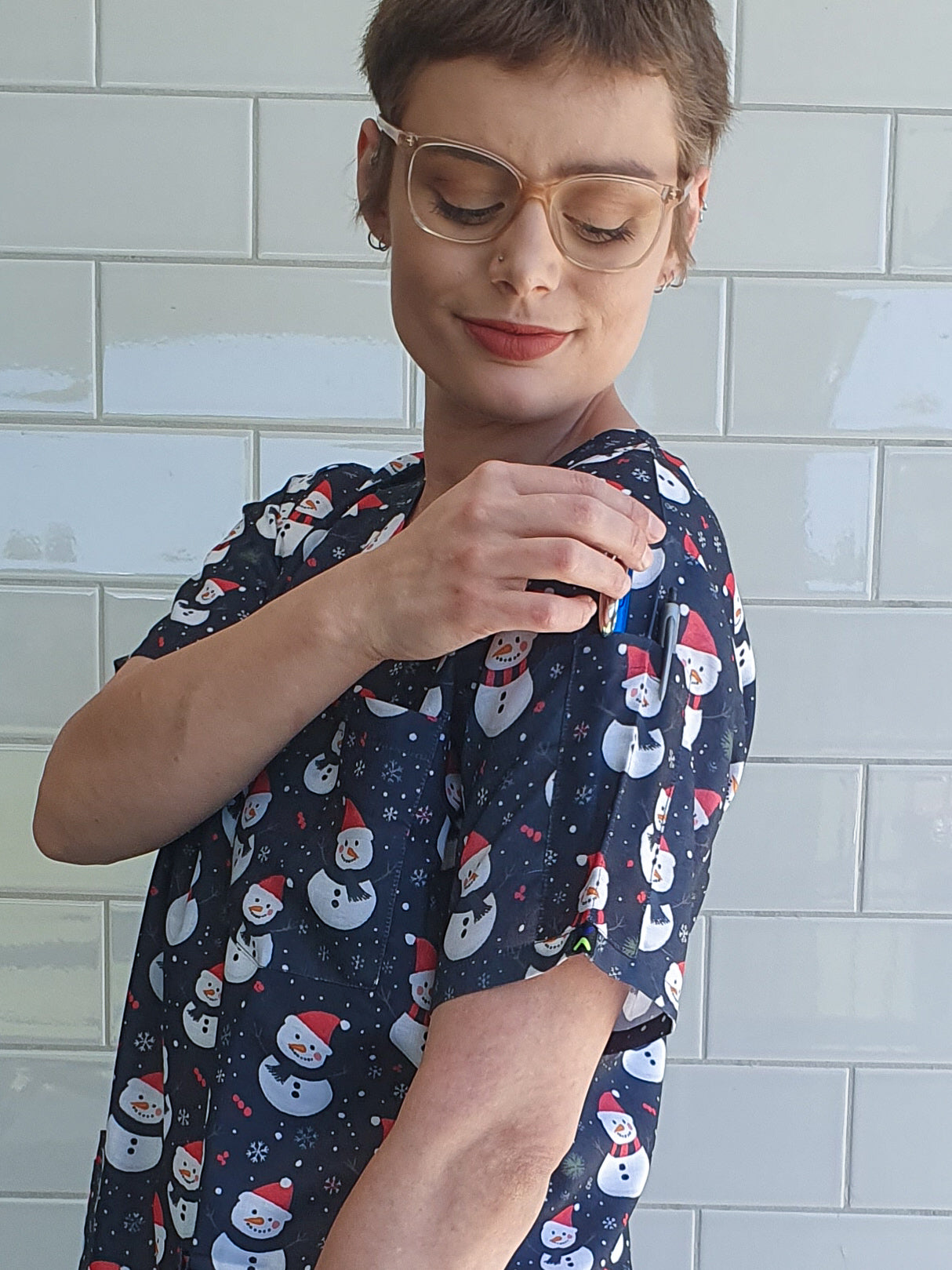 Snowman Black Christmas Printed Fun  Scrub Top Australia
