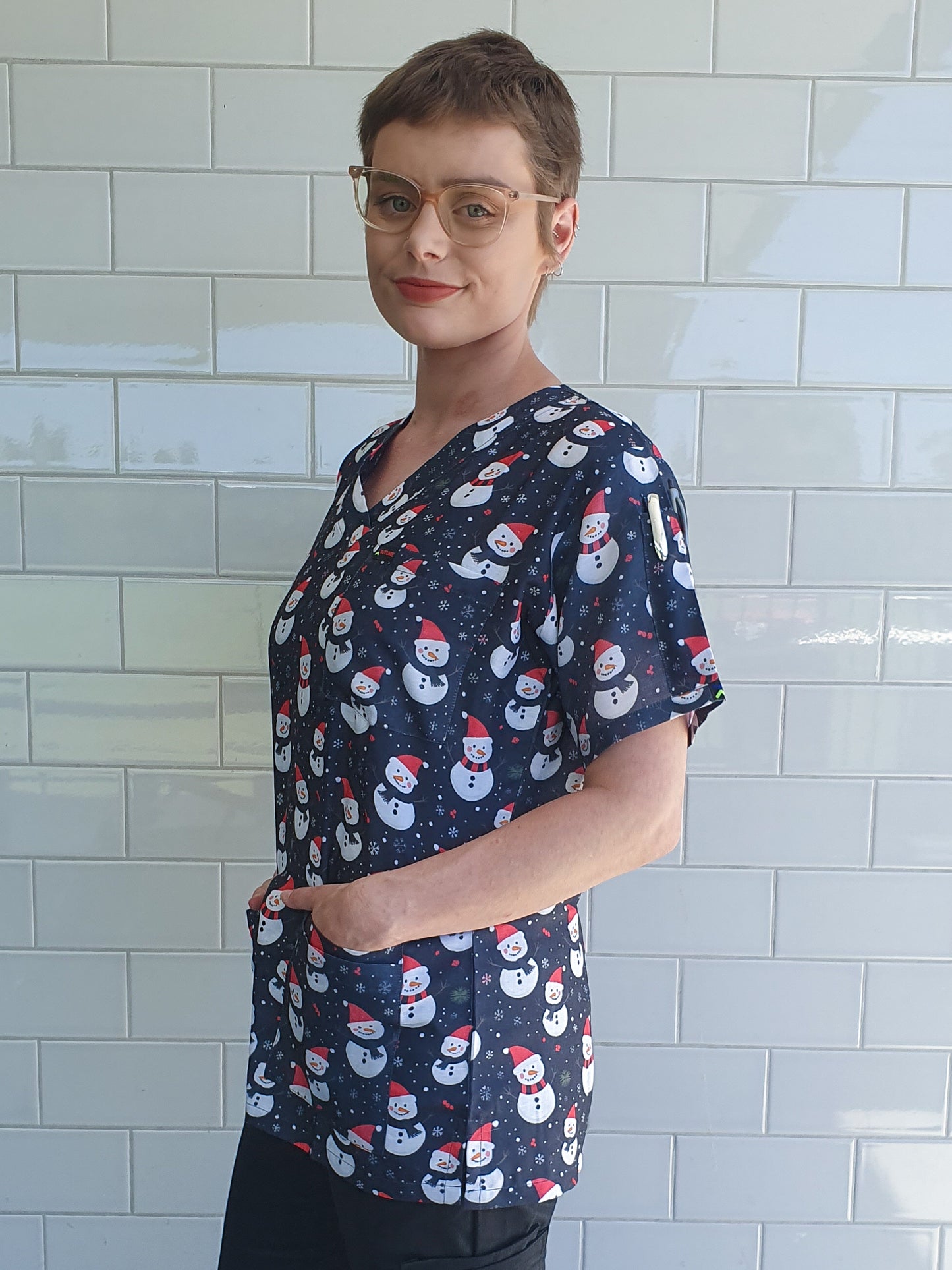 Snowman Black Christmas Printed Fun  Scrub Top Australia