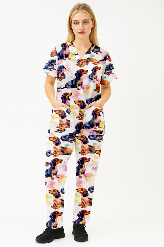 Dachshund Watercolour Printed Fun Scrub Set Australia