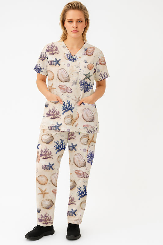Shells Star fish and Coral Ocean floor  Printed Scrub Set Australia