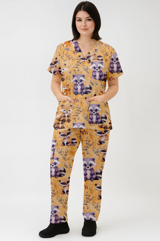 Cute Yellow Raccoon Printed Fun Scrub Set Australia