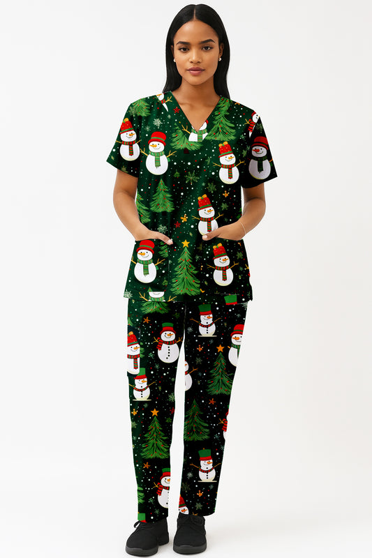 Snowman Christmas Tree Printed  Scrub Set