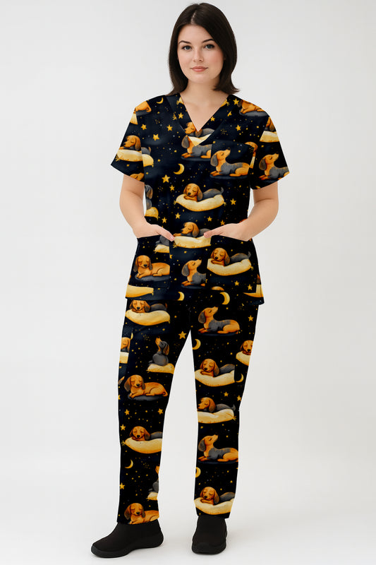 Dachshund sleeping  Printed Fun Scrub Set Australia