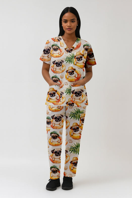 Pug Chilliing At Beach Printed Scrub Set Australia