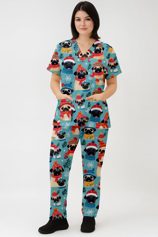 Fun Christmas Pug with Hat  Printed  Scrub Set