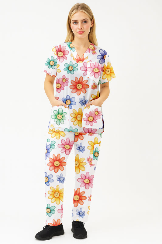 Smiling Cartoon Floral Printed Scrub Set Australia (Copy)