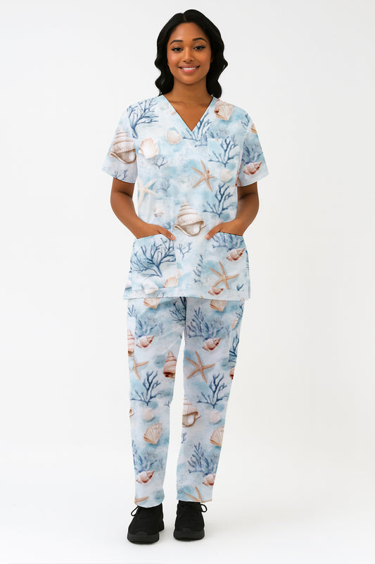Ocean FLoor Shells and Coral Printed Scrub Set Australia