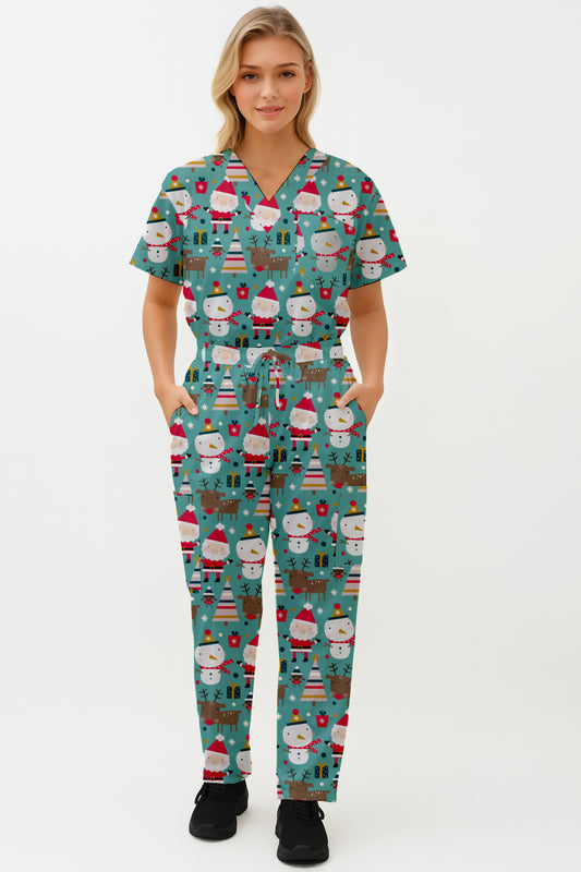 Snowman Santa Christmas Printed Scrub Set