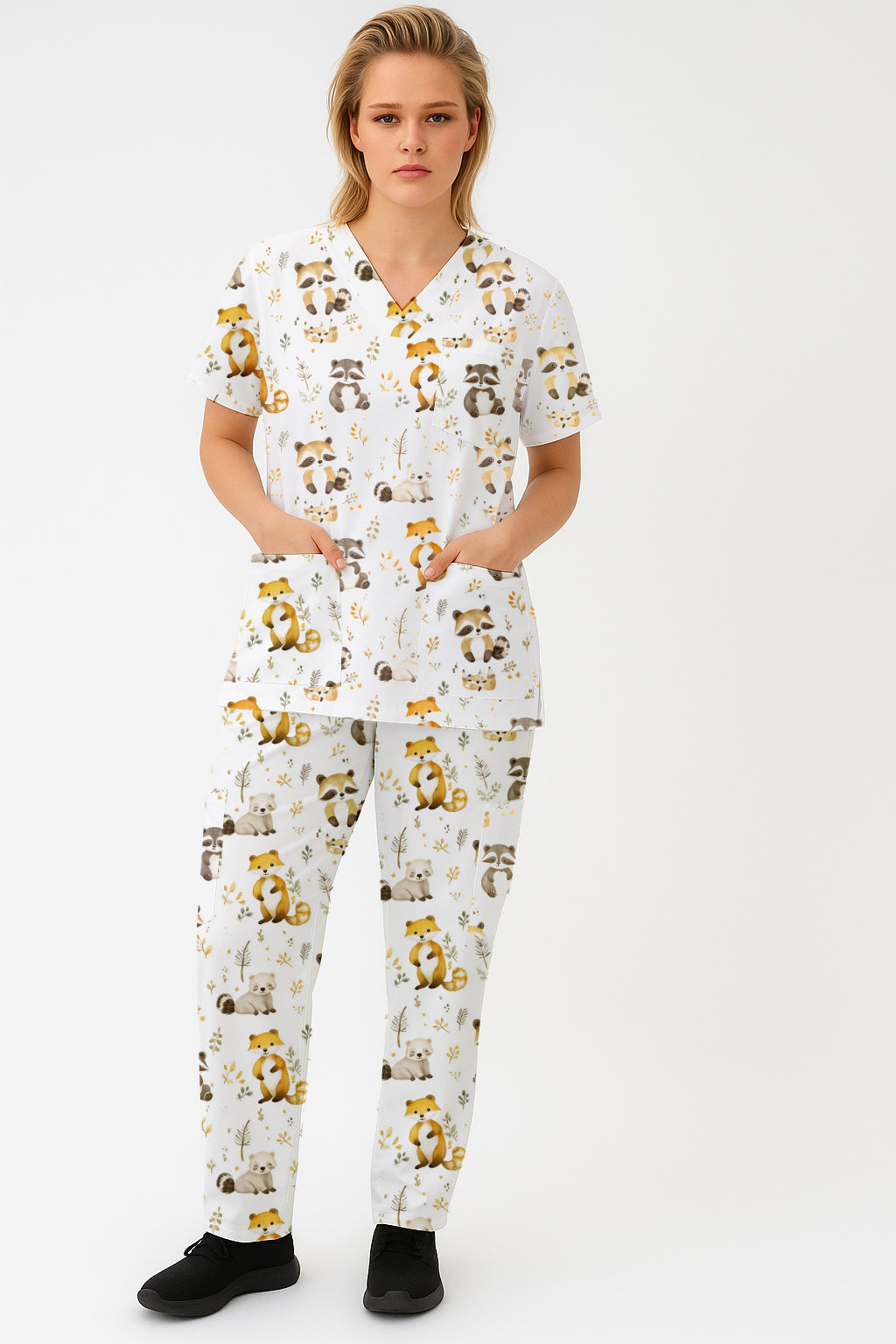 Woodland,Fox, Raccoon Printed  Scrub Set