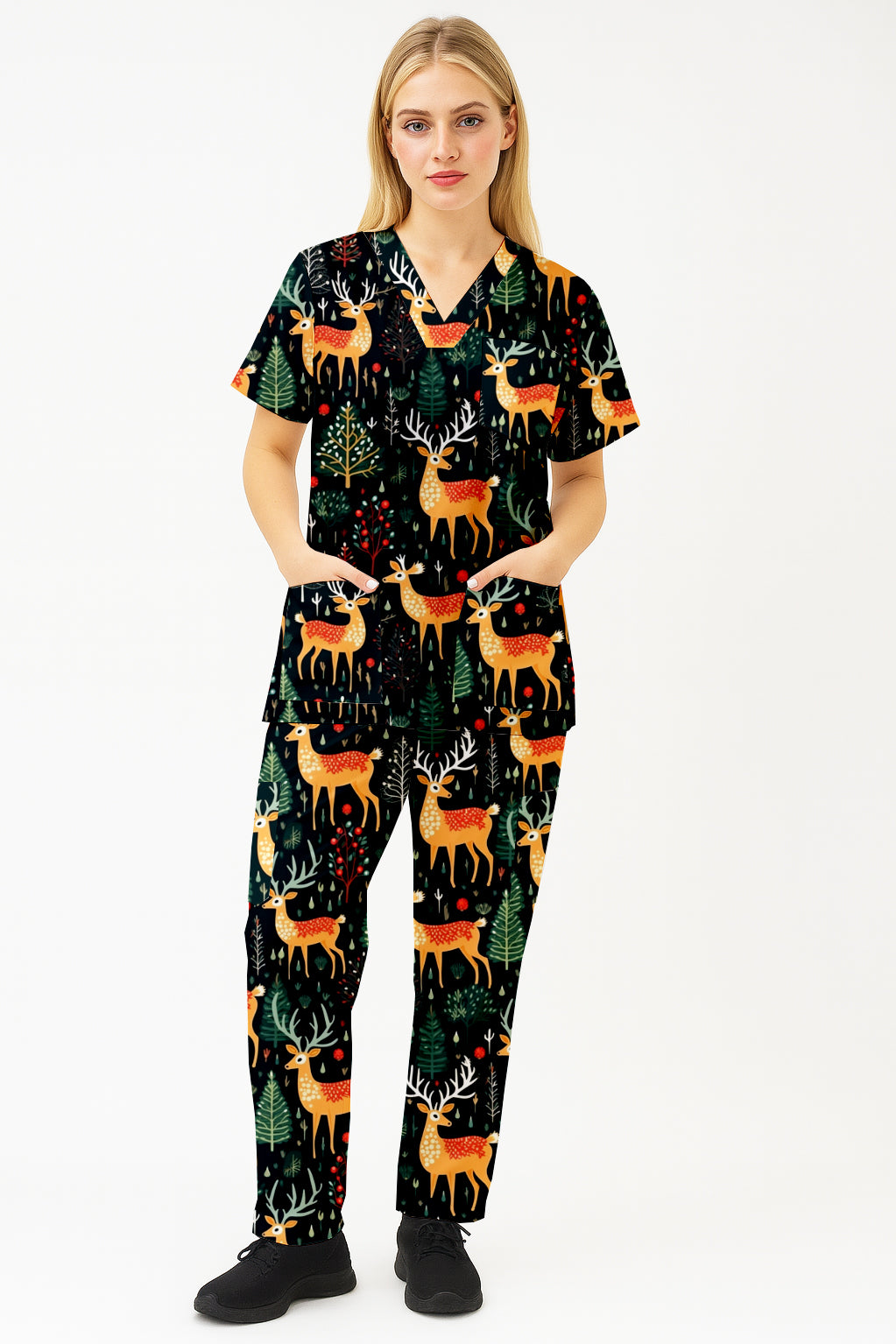 Christmas Reindeer  Printed  Scrub Set