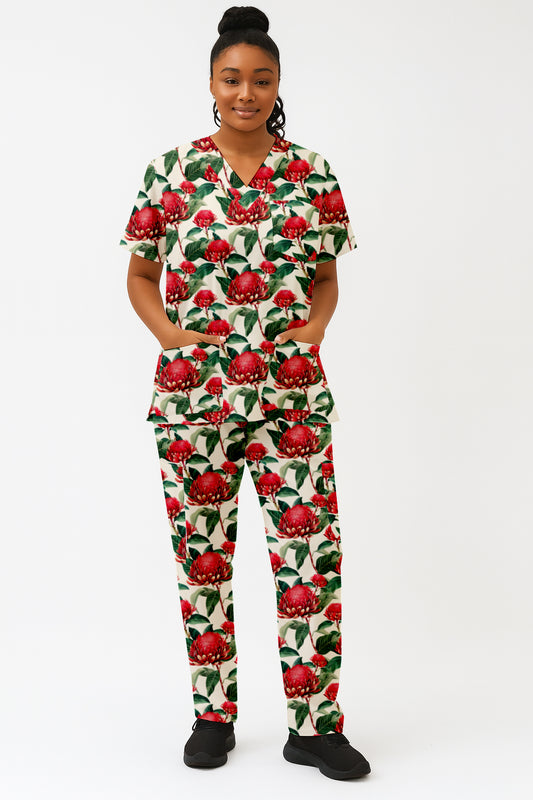 Australian Flower Waratah Printed  Scrub Set
