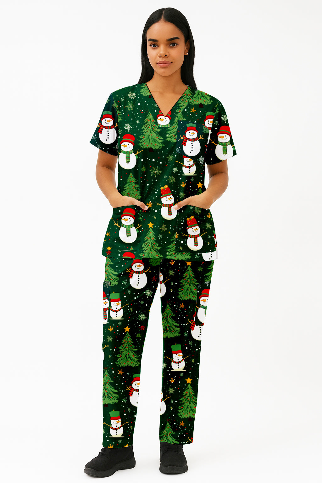 Snowman Christmas Tree Printed  Scrub Set