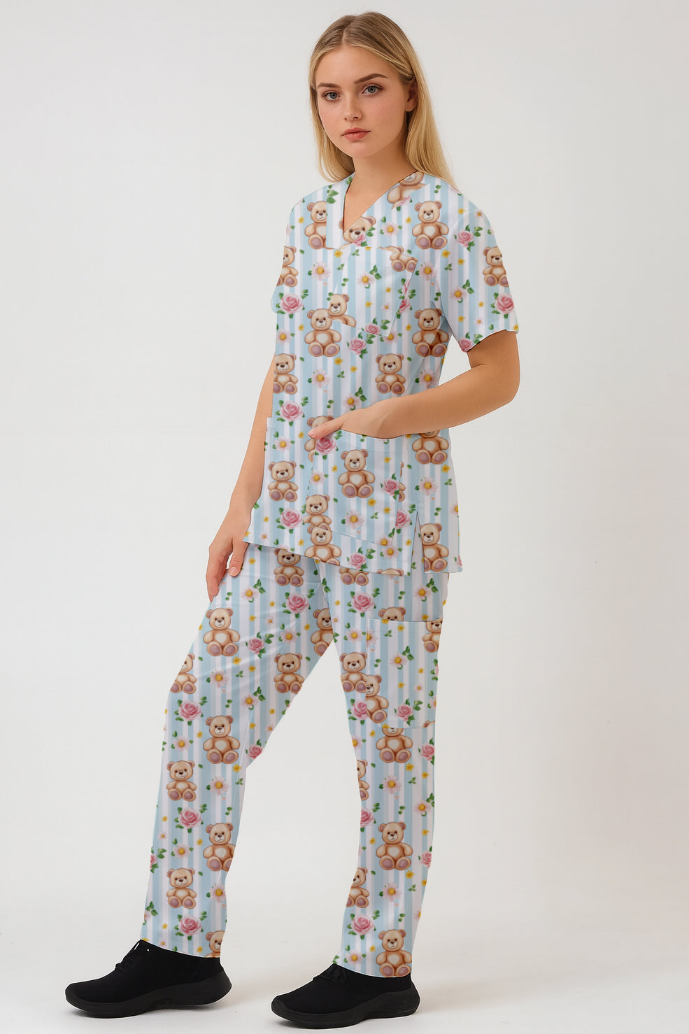 Cute Teddy FLower  Printed  Scrub Set