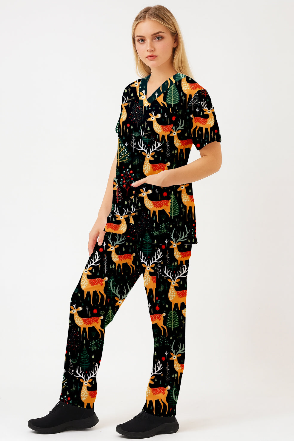 Christmas Reindeer  Printed  Scrub Set