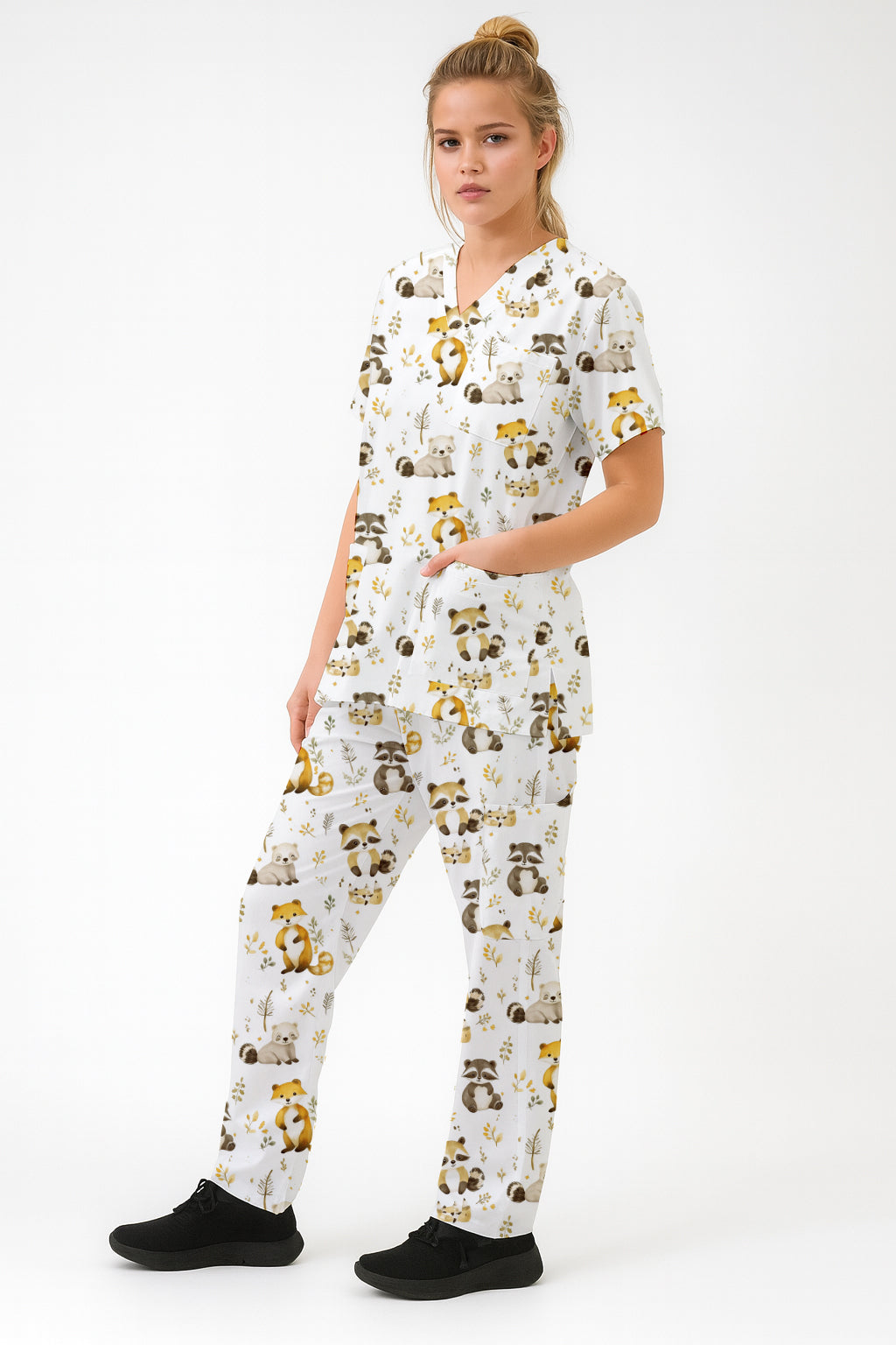 Woodland,Fox, Raccoon Printed  Scrub Set