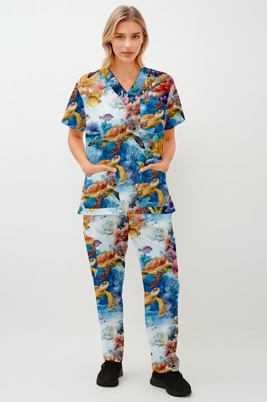 Turtles , Fish , Ocean floor Printed Fun Scrub Set Australia