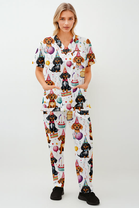 Dachshund Partying Printed Fun Scrub Set Australia
