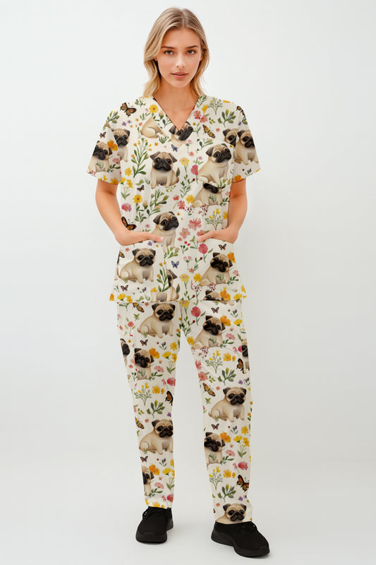 Pug in Garden Printed Scrub Set Australia