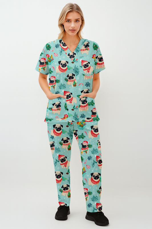 Christmas Pug  Printed  Scrub Set