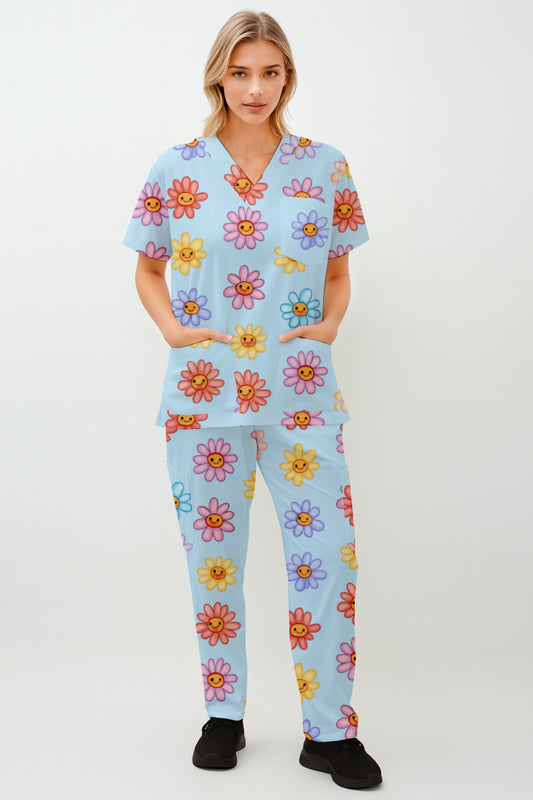 Cartoon Smiling Flowers Printed Scrub Set Australia