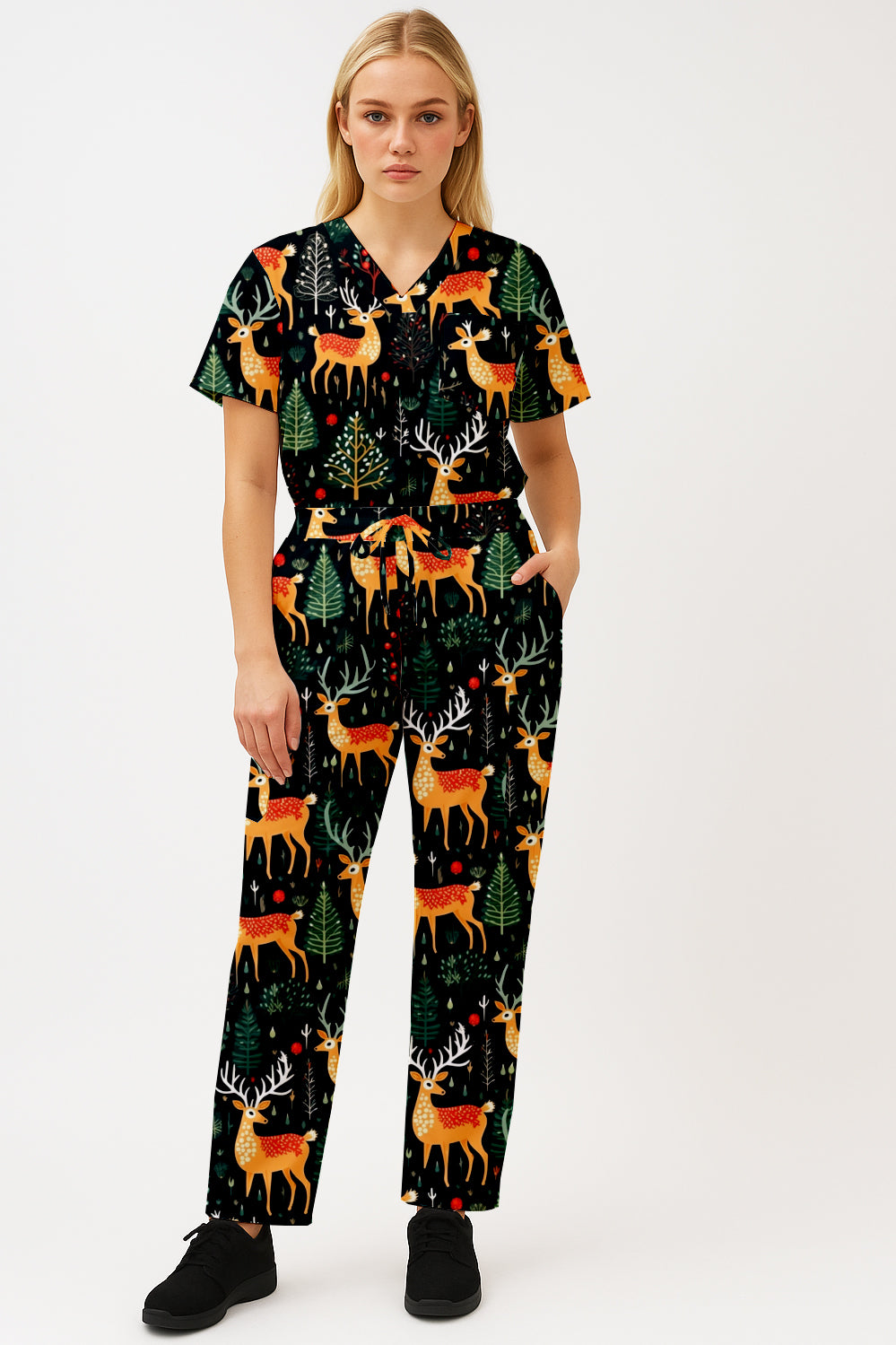 Christmas Reindeer  Printed  Scrub Set