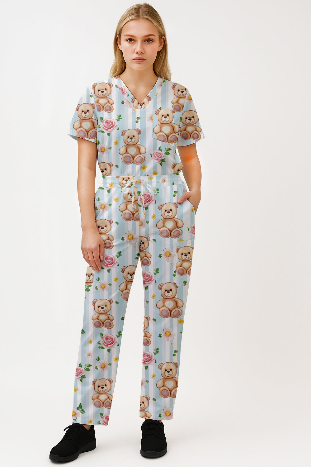 Cute Teddy FLower  Printed  Scrub Set