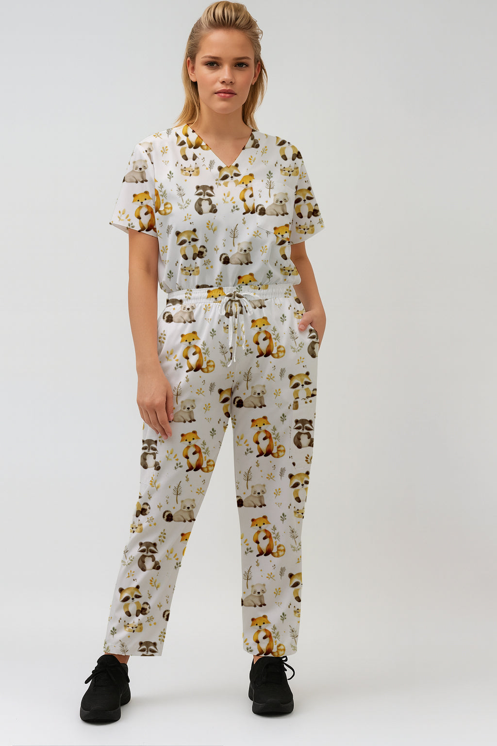 Woodland,Fox, Raccoon Printed  Scrub Set