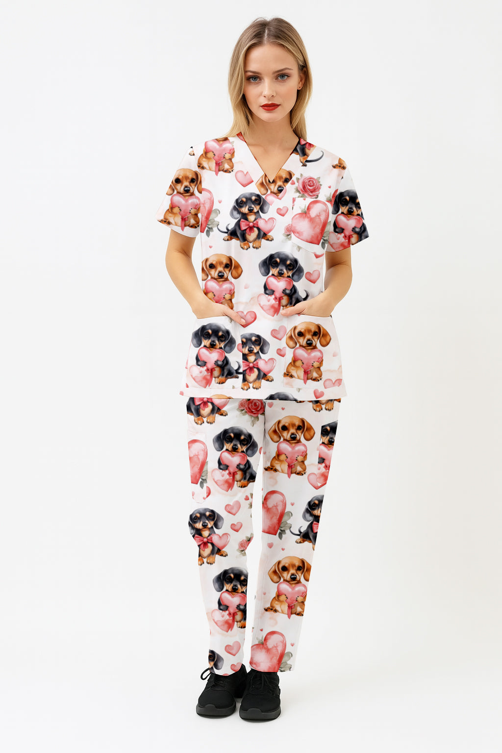 Dachshund Heart Love Valantine Printed Fun Scrub Set Australia