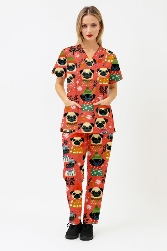 Pug Christmas  Printed  Scrub Set