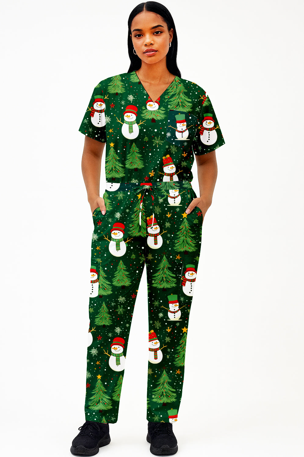 Snowman Christmas Tree Printed  Scrub Set