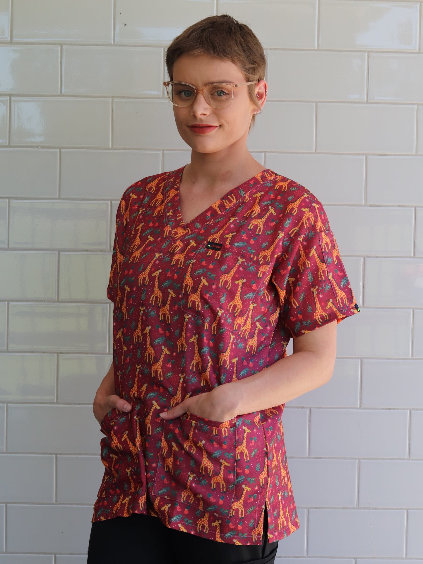 Giraffe Christmas Printed Fun  Scrub Top Australia