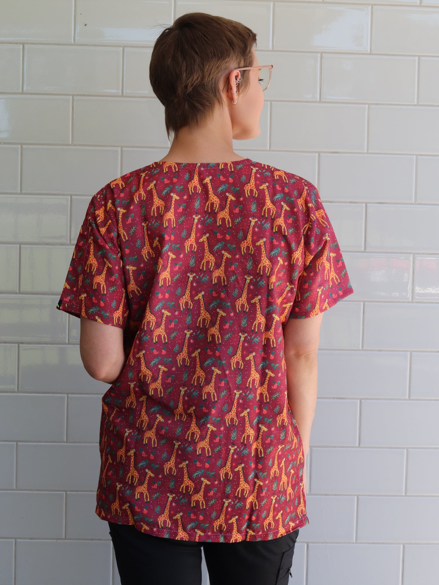 Giraffe Christmas Printed Fun  Scrub Top Australia