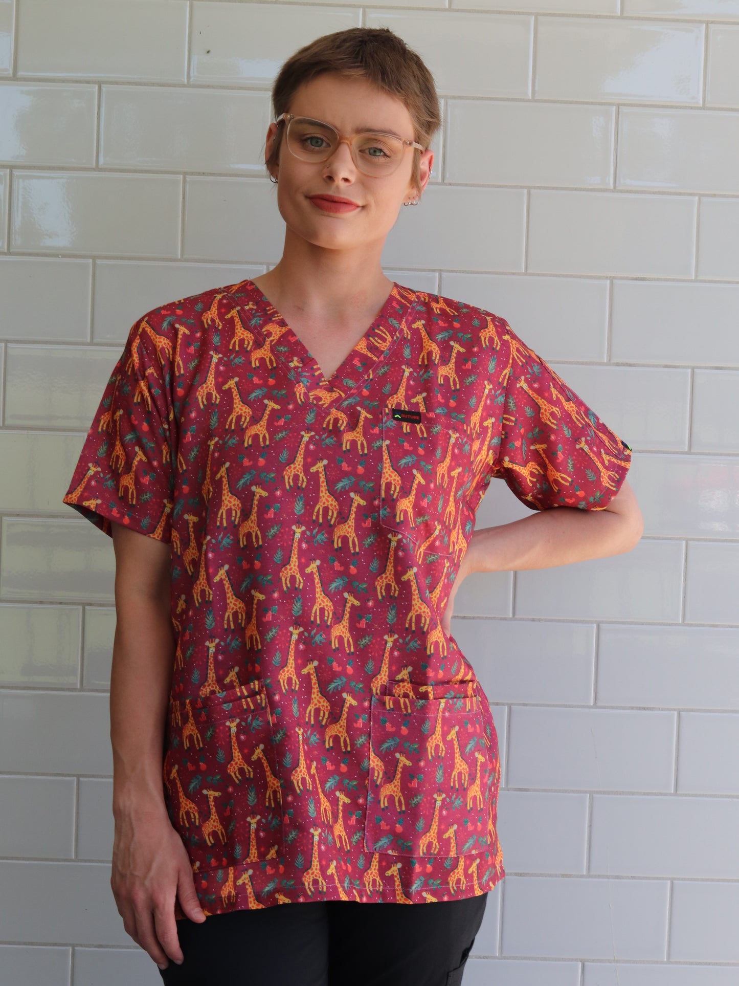 Giraffe Christmas Printed Fun  Scrub Top Australia