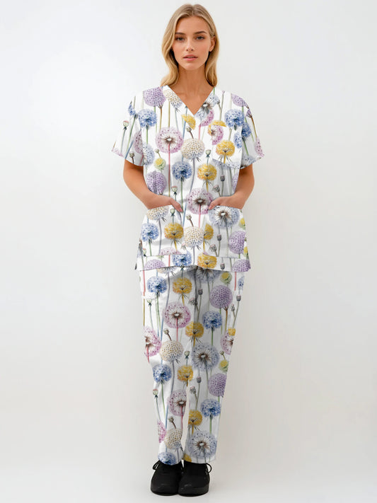 Dandelions Print fun  Scrub Set , Top and Pants 100% Cotton