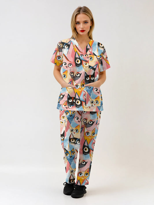 Colourful Cat  Printed  Scrub Set , Top and Pants 100% Cotton