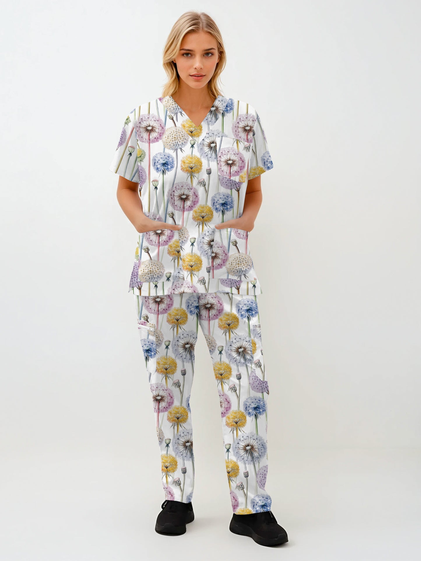 Dandelions Print fun  Scrub Set , Top and Pants 100% Cotton