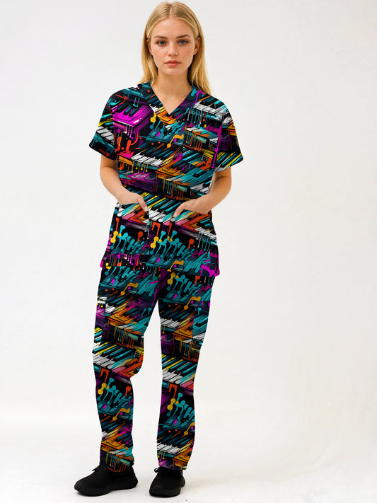 Abtract Piano Music Print fun  Scrub Set , Top and Pants 100% Cotton